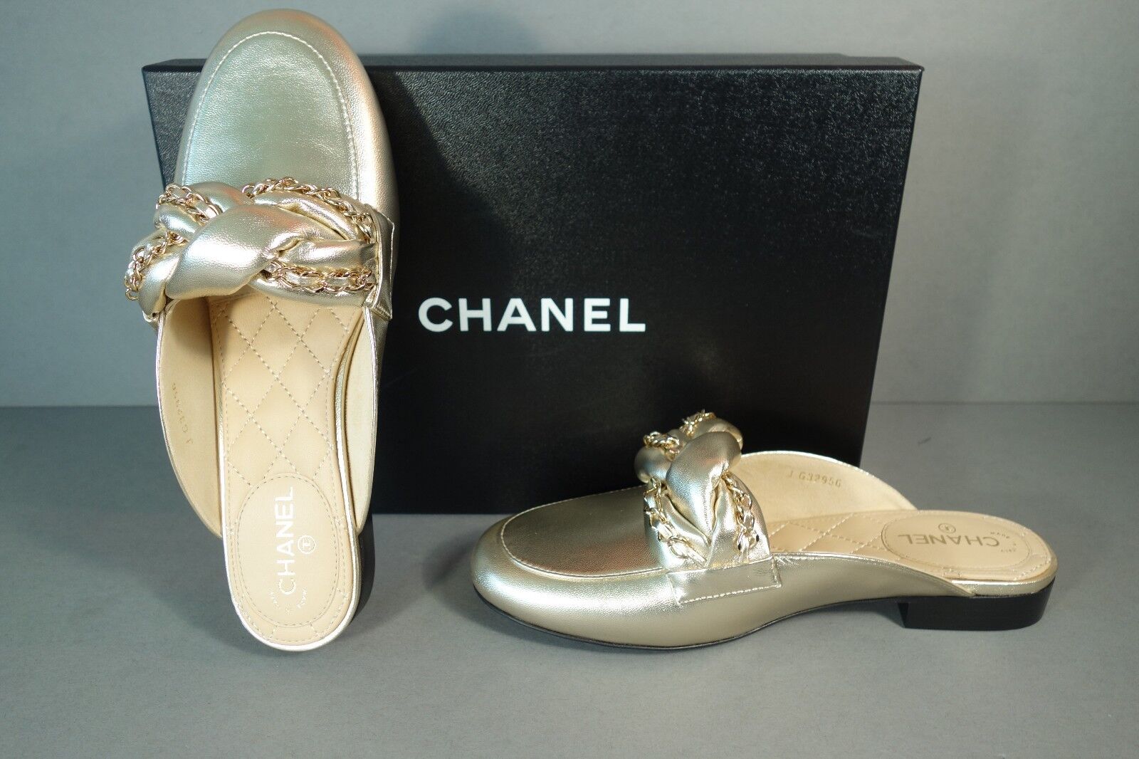CHANEL 37 Gold Lambskin Braided Mules Slides Clogs Loafers Low