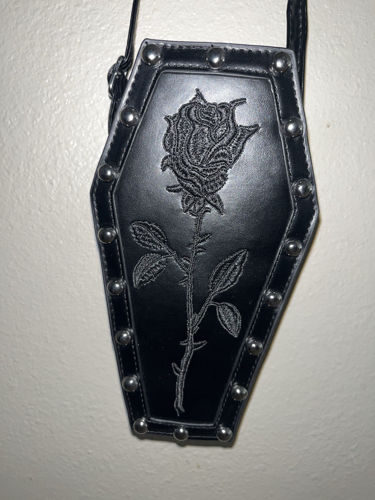 Black Coffin Shaped Shoulder Bag with Rose Embroidery and Studded Accents