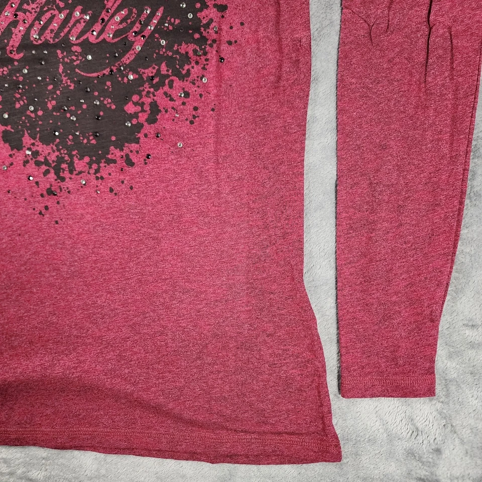 Camiseta Harley Davidson para mujer grande rosa Burnout manga larga cuello en V con pedrería Foto 4 de 4