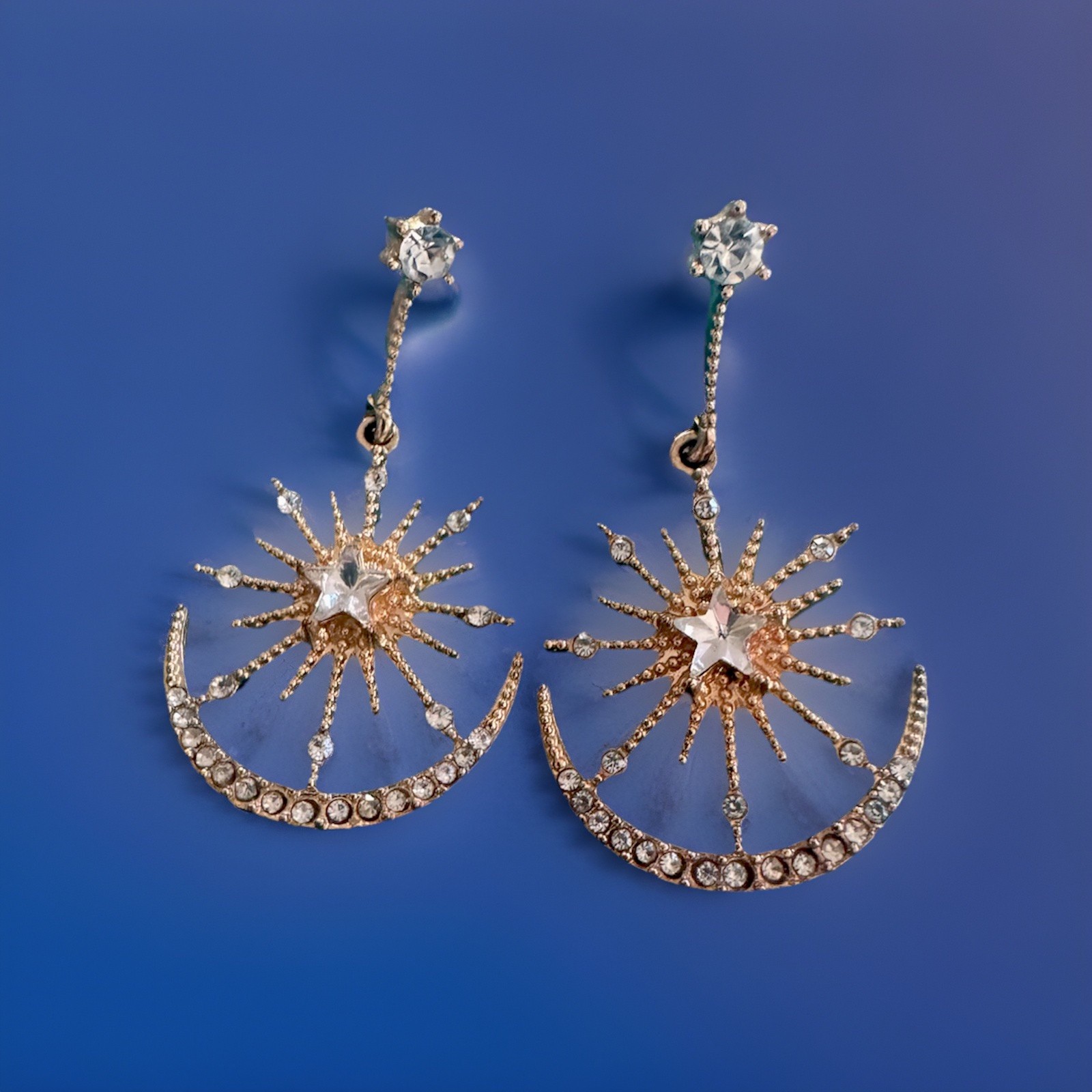 Celestial Star Crescent Moon Dangle Earrings Gold… - image 1