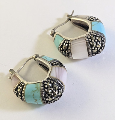 Vtg Sterling Silver Turquoise Mother Of Pearl Marcasite Hoop Earrings