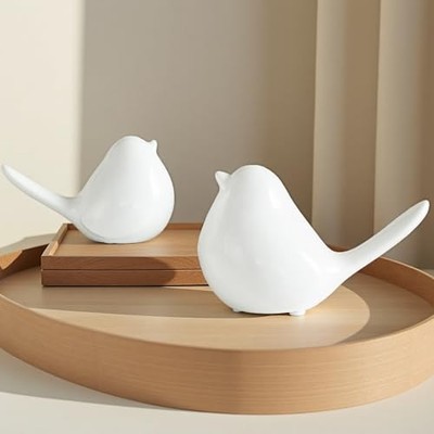 Ceramic Birds Figurines Home Decor, Set of 2 White Birds Statue, Chubby Small