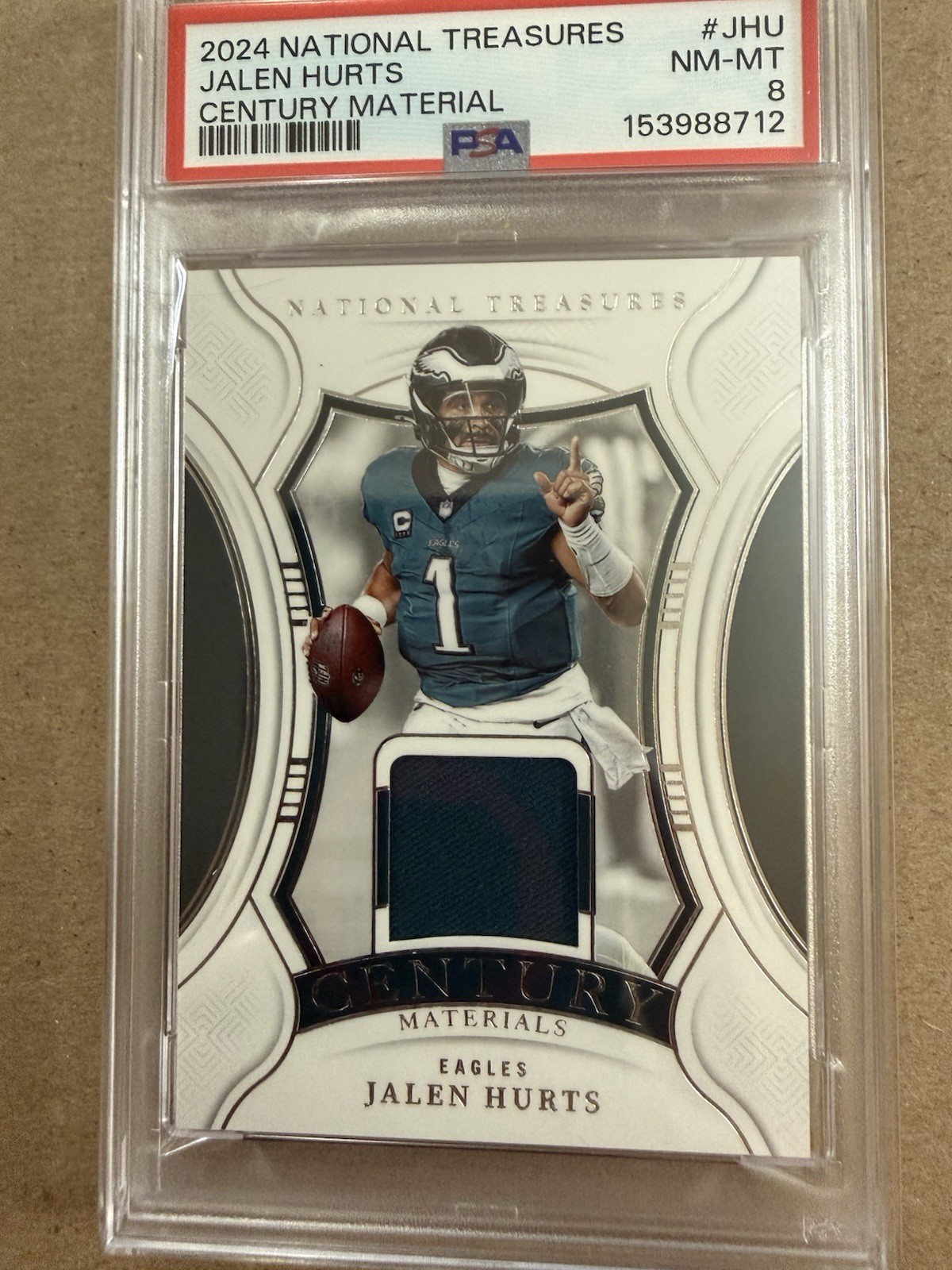2024 National Treasures Jalen Hurts Century Materials /99 PSA 8 Eagles Jersey view 1