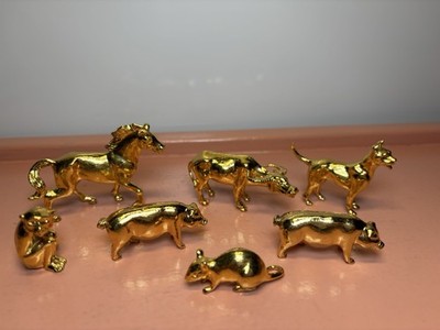 RISIS Gold-Plated Zodiac Figurines Ox Pig(2) Monkey Rat Horse Dog Lot Of 7