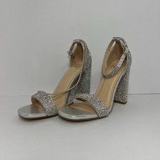 Silver Rhinestone Embellished Ankle Strap Block Heel Open Toe Sandals Size 6M