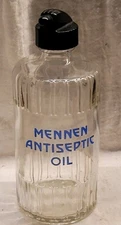 Vintage Mennen Antiseptic Oil Glass Bottle Enameled w Original Pour Spout Top