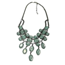 Silver Tone Link Chain with Aqua Flat Bead Bib Necklace Choker EUC