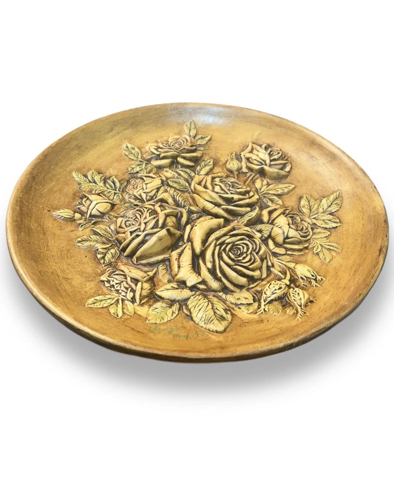 A Pair Of Vintage 1973 Hand-Painted Floral Bas-Relief Wall Plaques, Rustic Style - Image 4 of 4