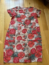 Brown w Reddish Orange Abstract Flowers & Green Accents 100% Viscose Dress w