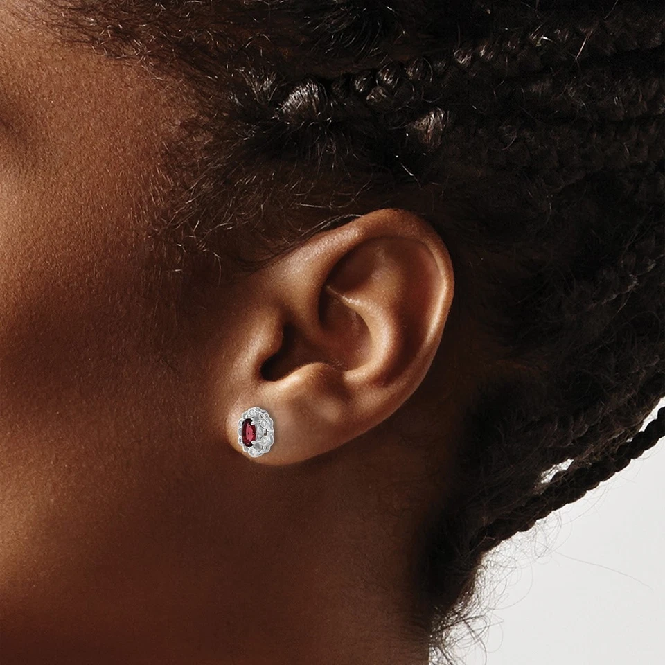 14k White Gold 1/20 Ct Oval Cut Lab Created Ruby & Diamond Halo Stud Earrings - Image 3 of 4