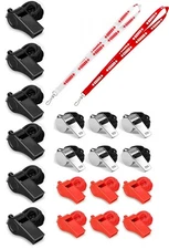 Lifeguard Coach Sports 18 Pack Whistles with 2 Lanyards 3 Color Black Red Silver
