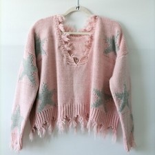 Unbranded Womens Light Pink Distressed Hem Drop Shoulder Pullover Sweater Size S