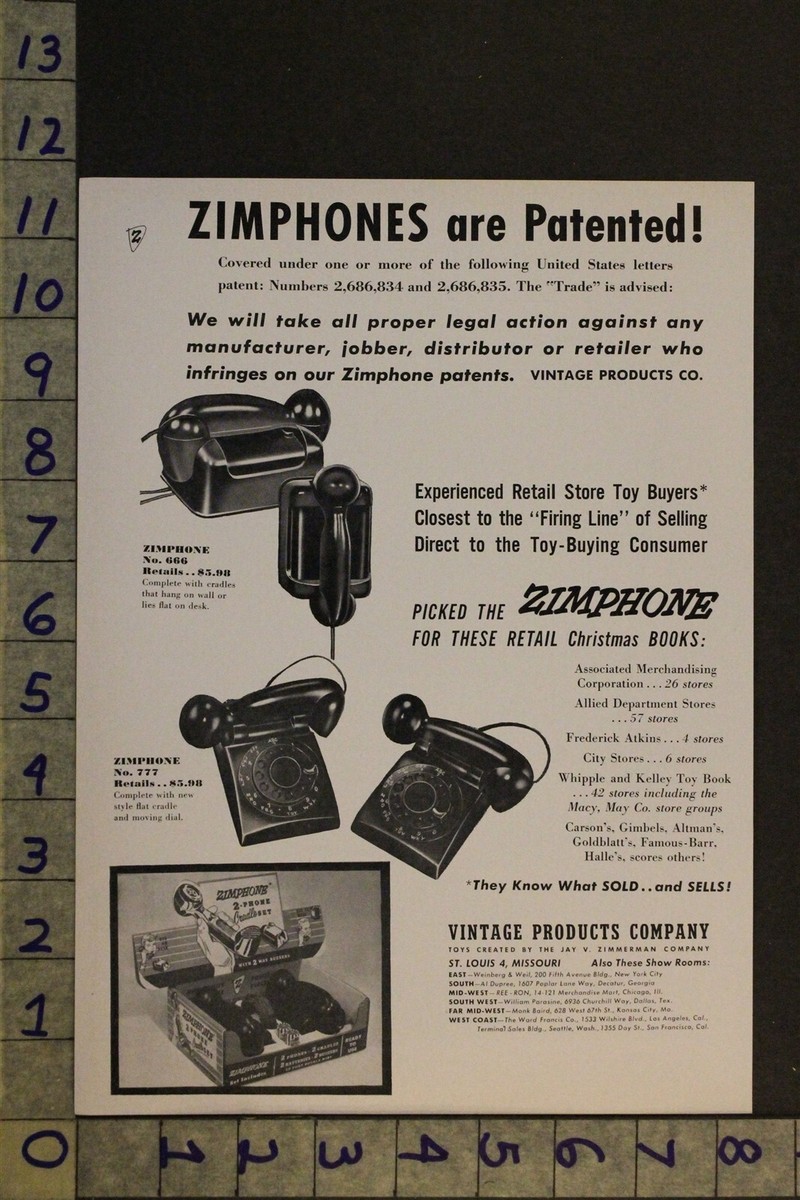 1954 TOY AD TELEPHONE ZIMPHONE VINTAGE PRODUCT ST LOUIS JAY