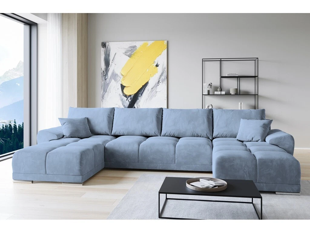 Easy London Corner Sofa Bed U Shaped Light Blue Velvet Grey with Pillows Storage