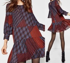 Zara Trafaluc | Fall Patchwork Drop Waist Slouchy Shift Dress Ruffle Sleeve|SzXS