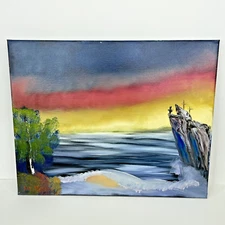 Oil on Canvas Painting Signed Student Art 16 x 20 Crosses on Cliff Over Lake Sky