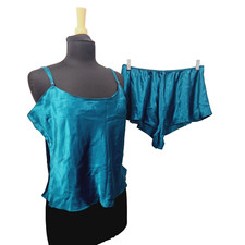 Vintage The Lingerie Collection Satin Camisole Shorts Set Teal Pajama Size L