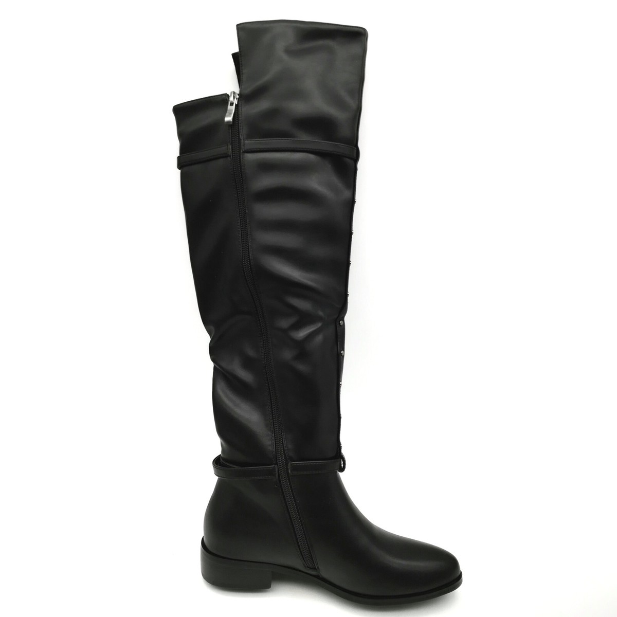 Ashro Womens Boots Black Faux Leather Over The Knee Side Zip