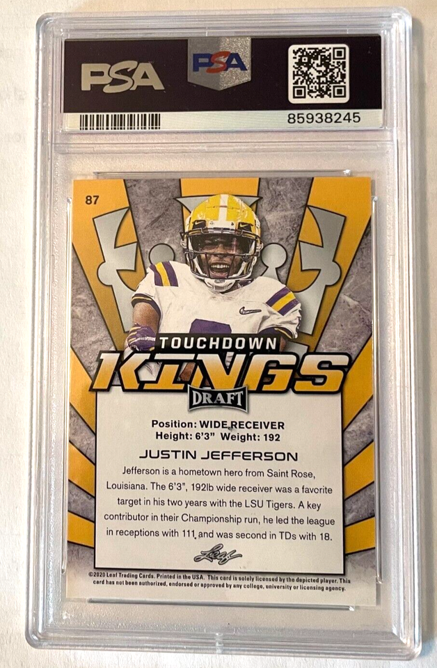 Justin Jefferson 2020 Leaf Draft Rookie Card #87  Graded PGI 10 Mint  Condition | Football Trading