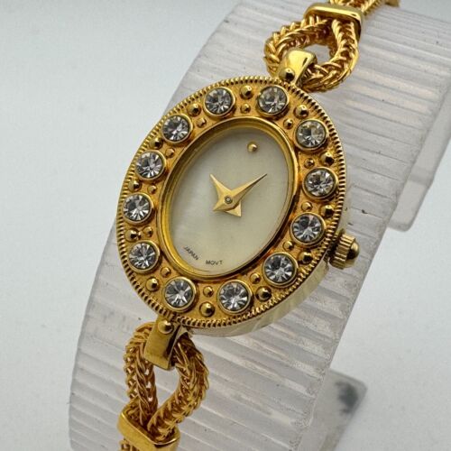 Vintage Avon Quartz Watch Women Gold Tone Crystals Bezel Oval New Battery 6.75"