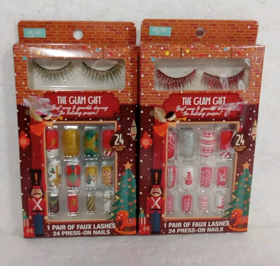 Glam Gift Set with Faux Glitter Lashes & 24 Holiday Press On Nails
