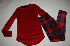 Womens BASE LAYER SET Stretch Velour RED L/S TOP Plaid Leggings S M L  XXL