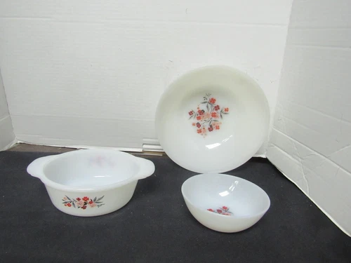 Set of 3 Vtg Fire King ANCHOR HOCKING 8", 4.5", 5.5" Floral Primrose Bowls USA.