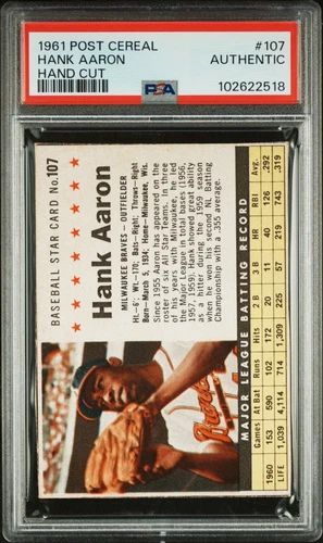 1961 Post Cereal Hank Aaron #107 Hand Cut Graded PSA AUTHENTIC