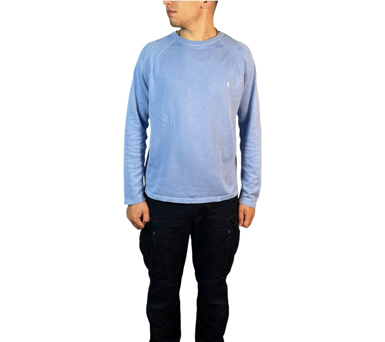 Yves Saint Laurent Maglione Uomo Manica Lunga Logo Ricamato Pullover Blu Tg L