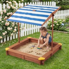 46" Wooden Kids Sandbox with Adjustable Canopy  Cover, Cedar Sandpit
