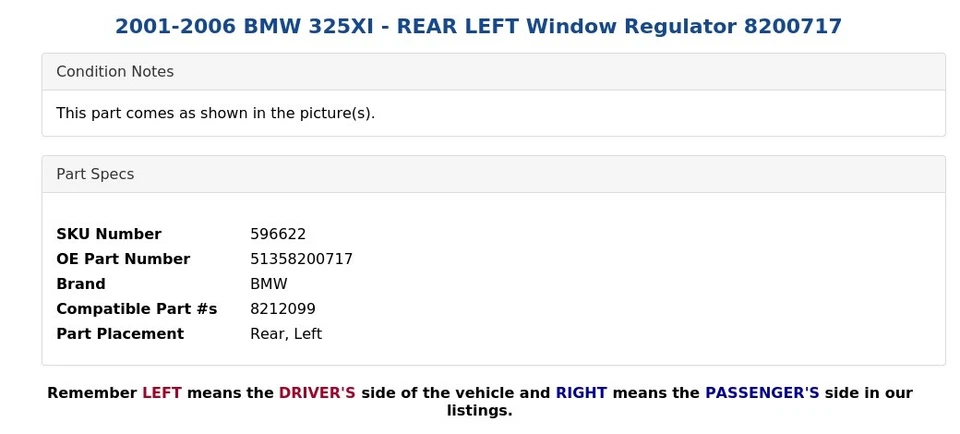 2001-2006 BMW 325XI - REAR LEFT Window Regulator 8200717 - Image 4 of 4