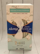 Always Pure Cotton Feminine Pads, Size 2, Heavy Flow, Unscented, 24 Pads 