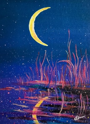 ''Magical Purple'' ACEO Original Acrylic Painting Vintage Art Moonlight Signed ATC