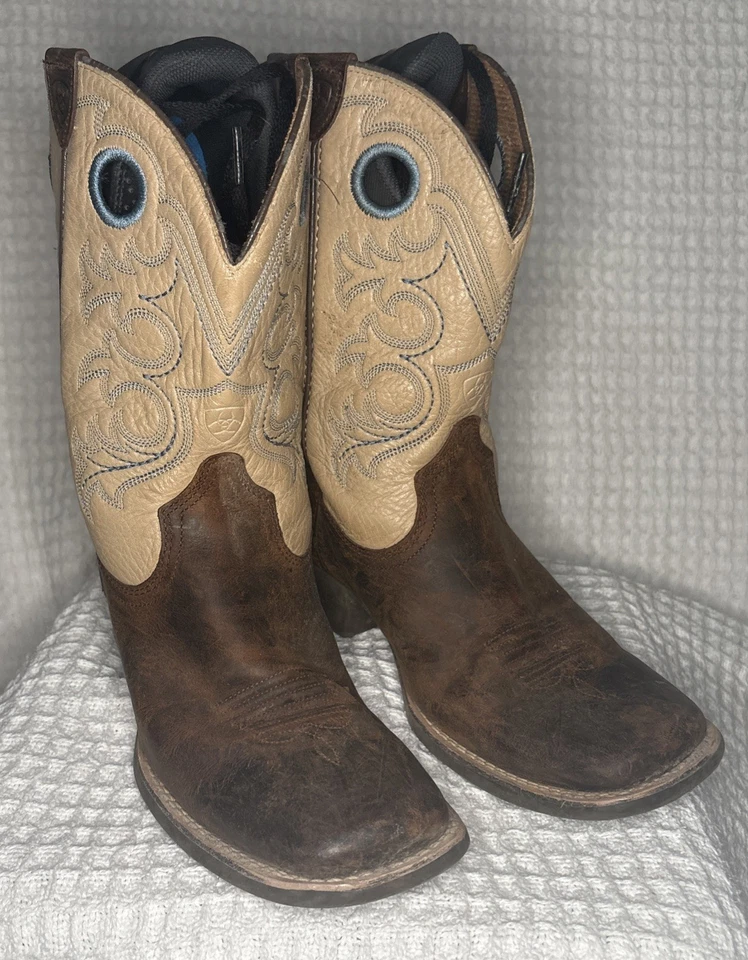 Ariat Botas de Rodeo Occidental Marrón Tostado Cuero Azul Costuras Niños Grandes Talla 3.5 Foto 2 de 4