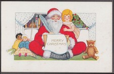 Santa Claus Christmas postcard c 1920 girl dictates her list amid toys