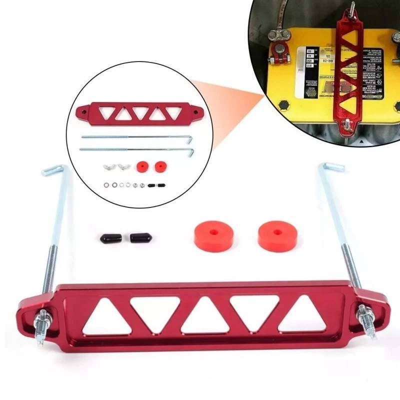 Kit de soporte de montaje de amarre de batería de coche de aleación de aluminio rojo con pernos en J Foto 3 de 4