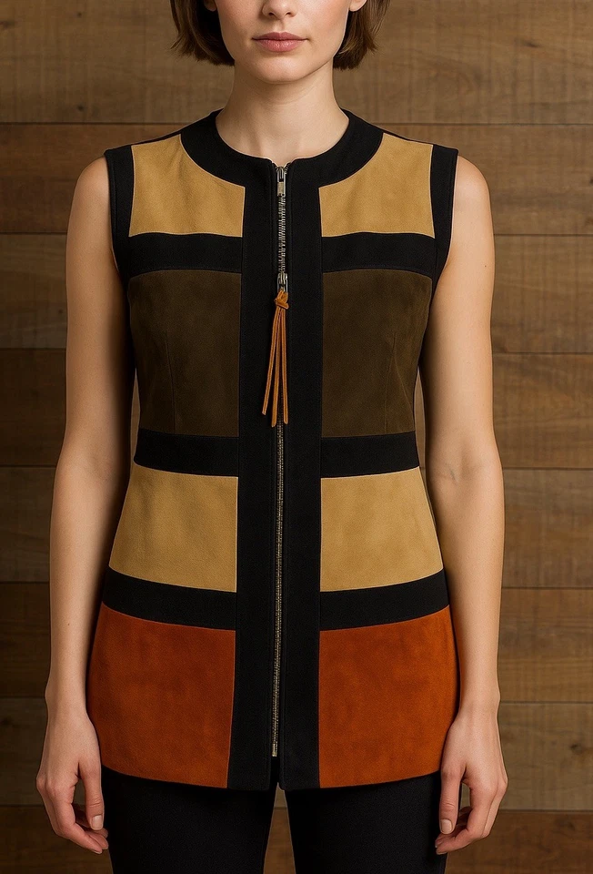 Vintage 60s Gina Teresa Suede Wool Colorblock Vest Made Hong Kong Size 10 Boho - Image 2 of 4
