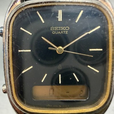 Seiko Analog Digital Watch Men 29mm Black Dial Gold Tone Rectangle