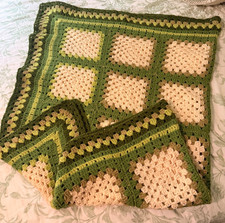 Vintage Granny Square Crochet Afghan 40x60 Green Cream 70s Handmade Throw