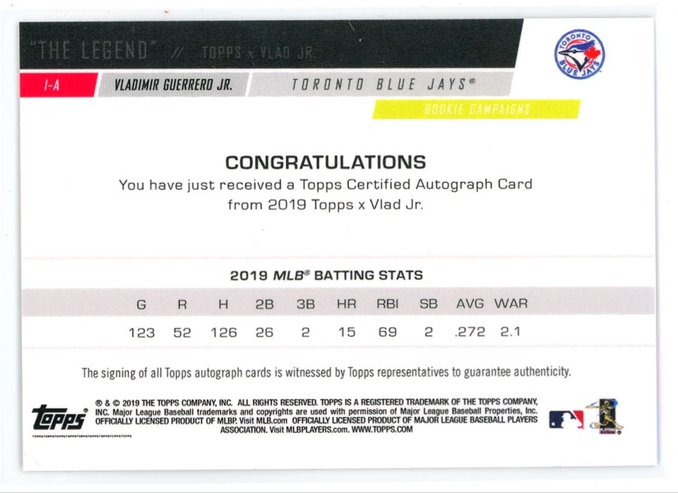 2019 Topps X Vlad Jr. "The Legend" Vladimir Guerrero Jr. RC Auto Blue Jays #1-A - Image 2 of 2