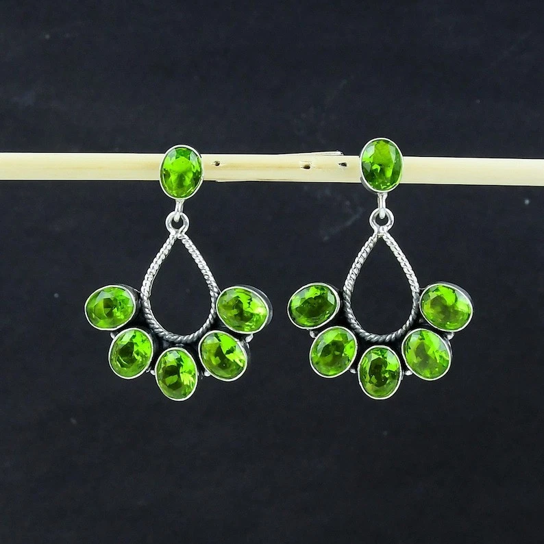 925 Sterling Silver Green Peridot Gemstone Handmade Dangle Earrings Jewelry - Image 2 of 4