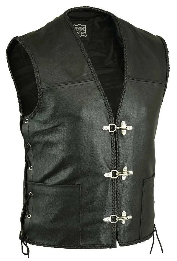 MEN BLACK FISH HOOK BUCKLE SIDE LACE MOTORCYCLE WAISTCOAT - REAL LEATHER