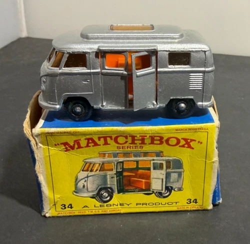 Vintage Original Boxed Lesney Matchbox #34 VW Camper Die-Cast Car - High Grade