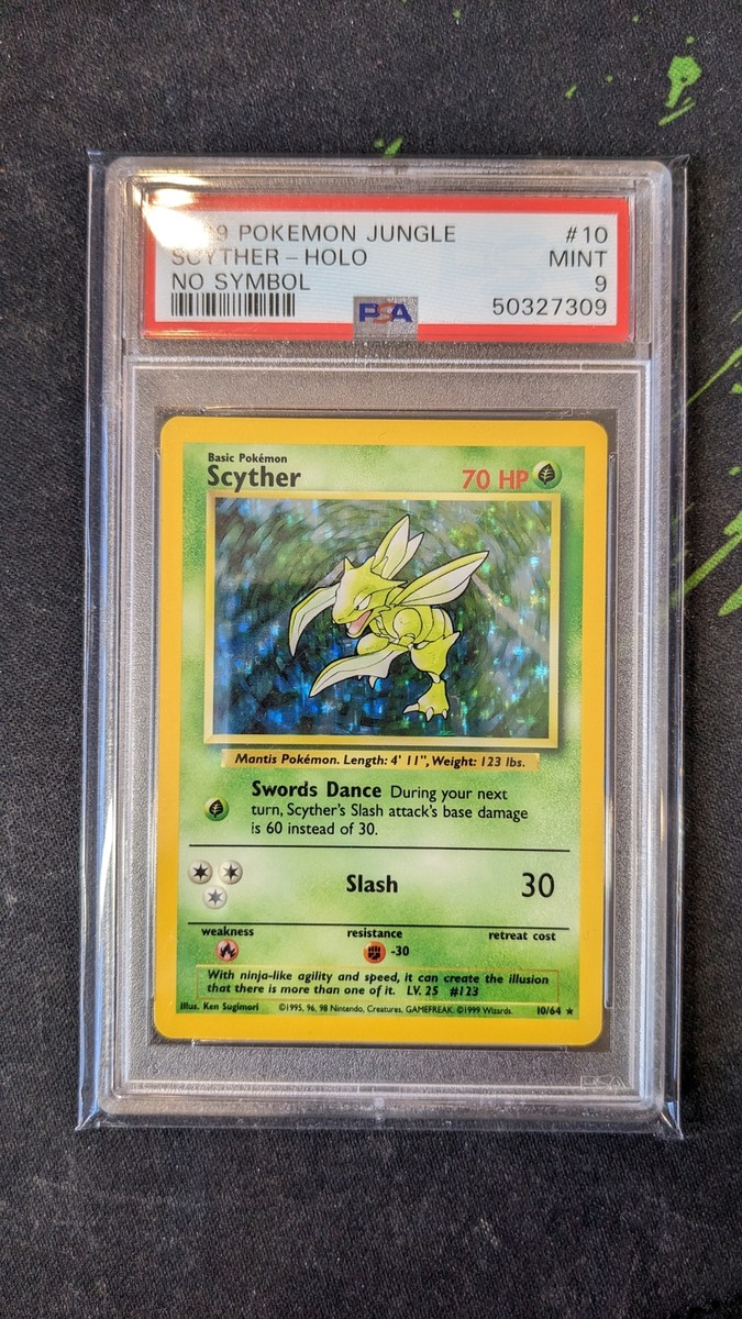 Scyther 10/64 Jungle NO SYMBOL ERROR Holo Rare Pokemon Card PSA 9