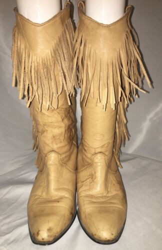 Vintage Dingo Fringe Leather Cowboy Boots Size 7 Tan Western Women’s Hippie BOHO