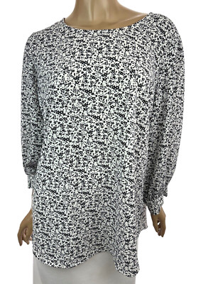 Adrianna Papell Sz L Blouse 3/4 Sleeves White w Black Flowers Polyester/Elastane