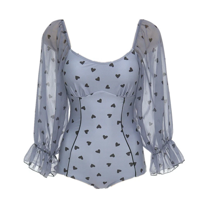 Damen Mädchen Badeanzug Bademode Puffärmel Herz Polka Dots Einteiler Retro Mode - Bild 3 von 4