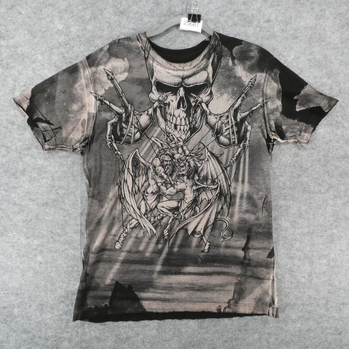 Affliction Shirt Men Large Black Beige Grunge Skull Puppets God