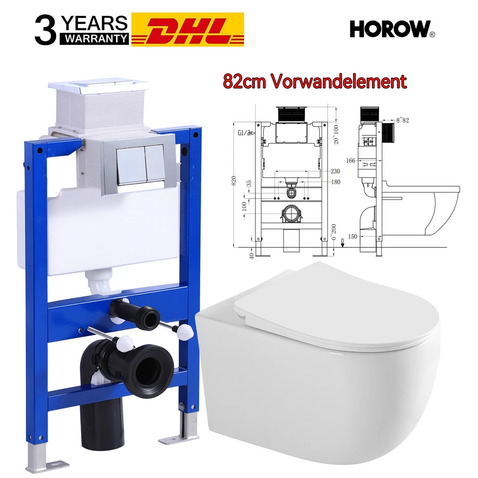 Juego completo HOROW elemento de pared 82 cm pared lavado profundo inodoro asiento descenso automático - Imagen 1 de 4