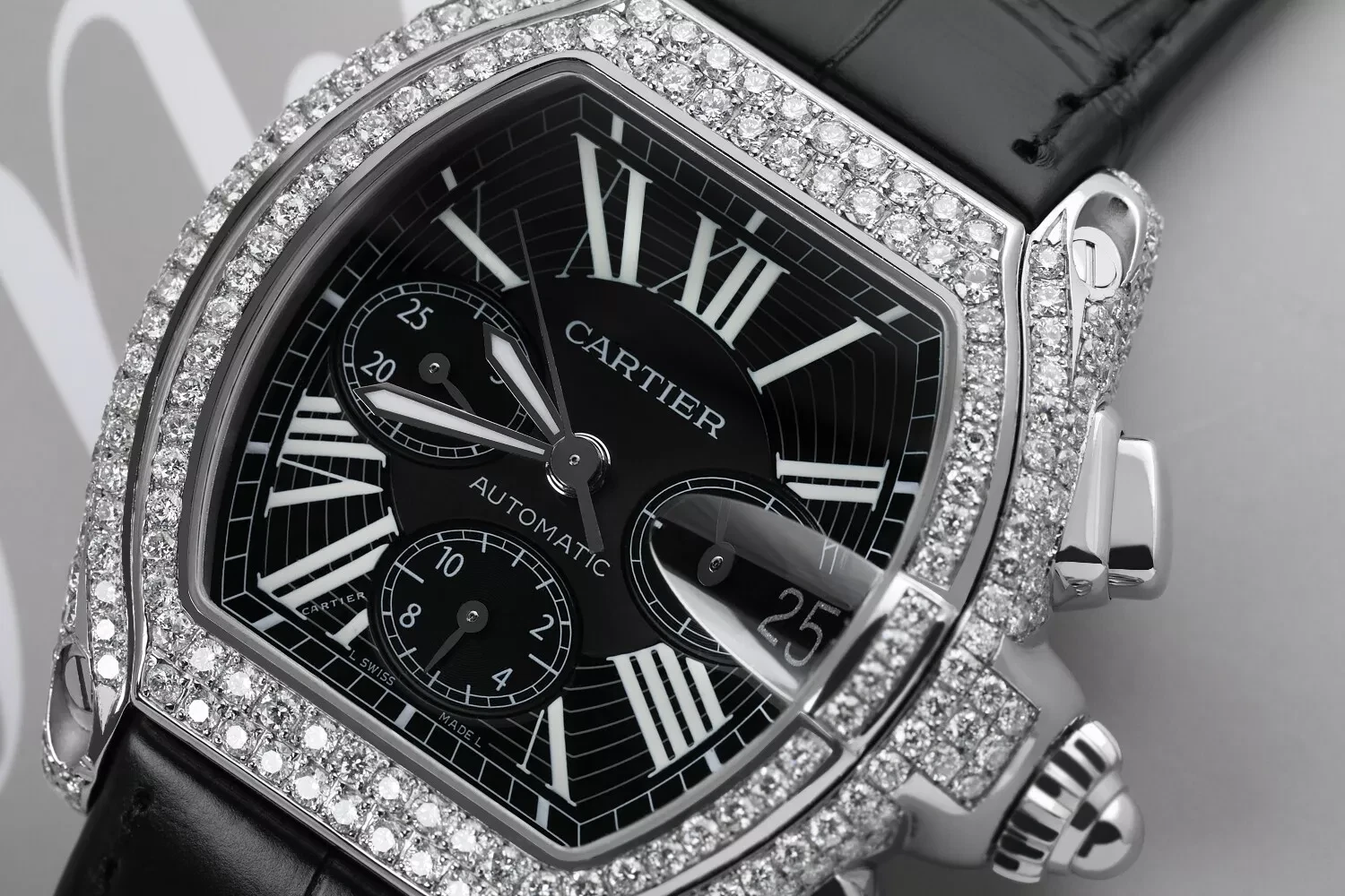 Cartier — Cartier Roadster XL W62020X6 Chronograph Custom Diamond Watch on Leather Strap